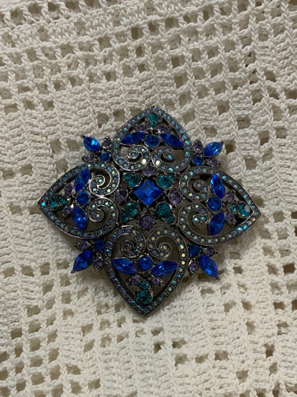 Joan Rivers Blue and Teal Crystal Floral Filigree Brooch